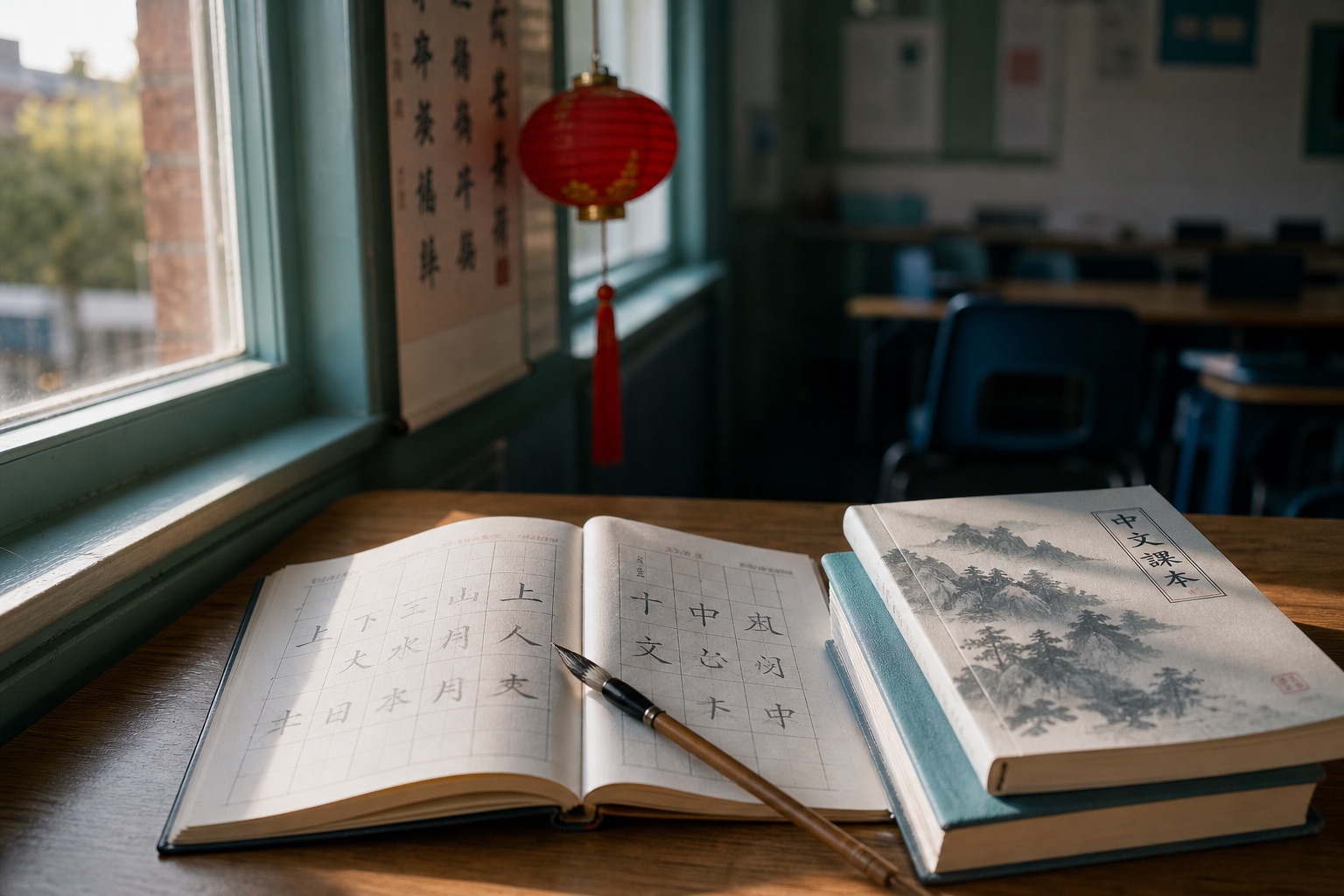 周末中文学校教室意象：木桌上摊开的中文练字本与毛笔，晨光透过窗户洒在书页上