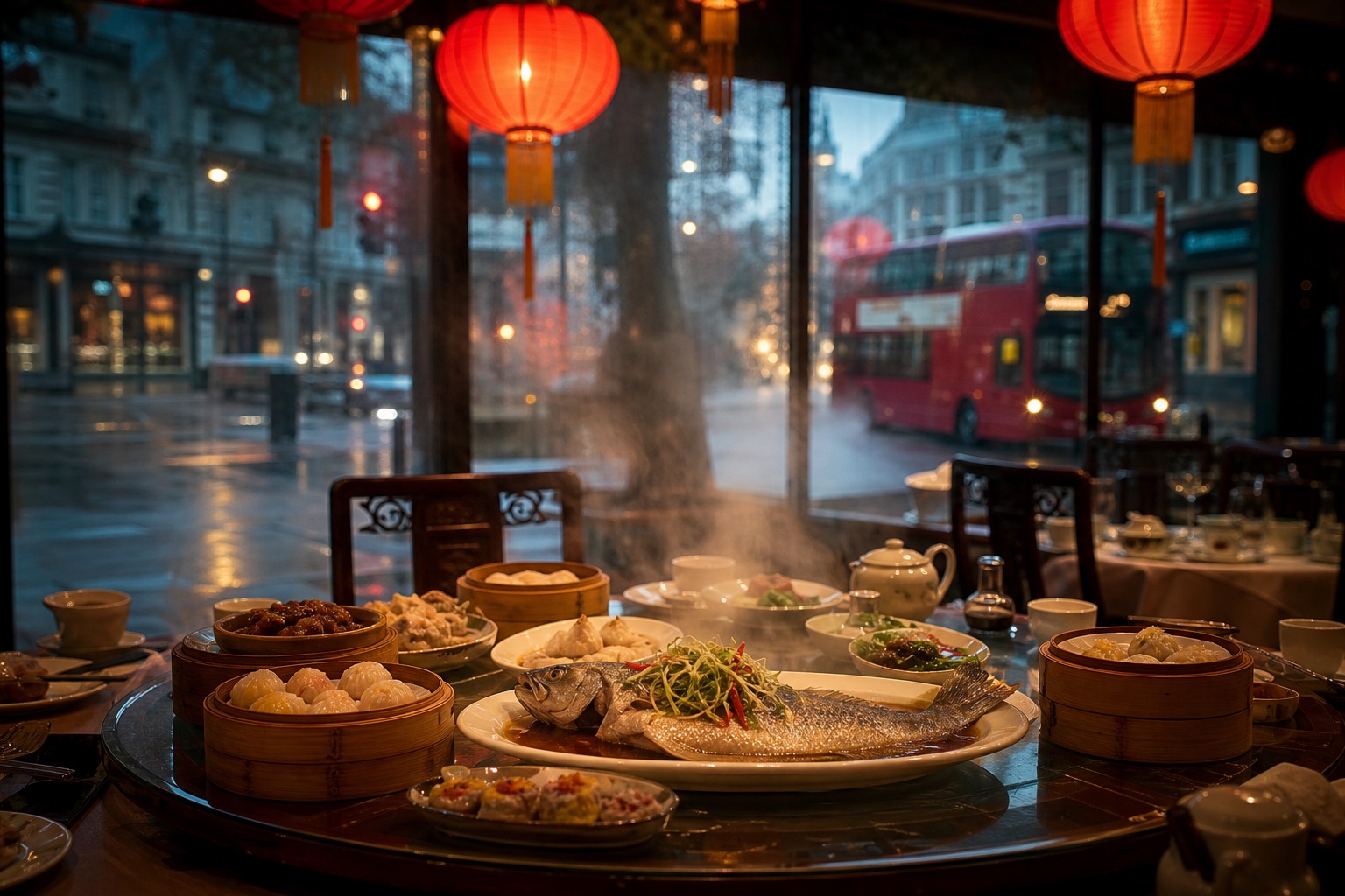 英国中餐厅堂食场景：圆桌转盘上摆着蒸笼点心与清蒸鱼，头顶红灯笼，窗外是雨夜的英国街道与红色双层巴士